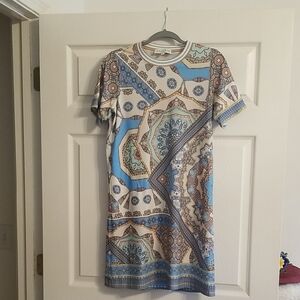 Hale Bob Blue Sheath Mini Dress Short Sleeve Crew Neck,size small